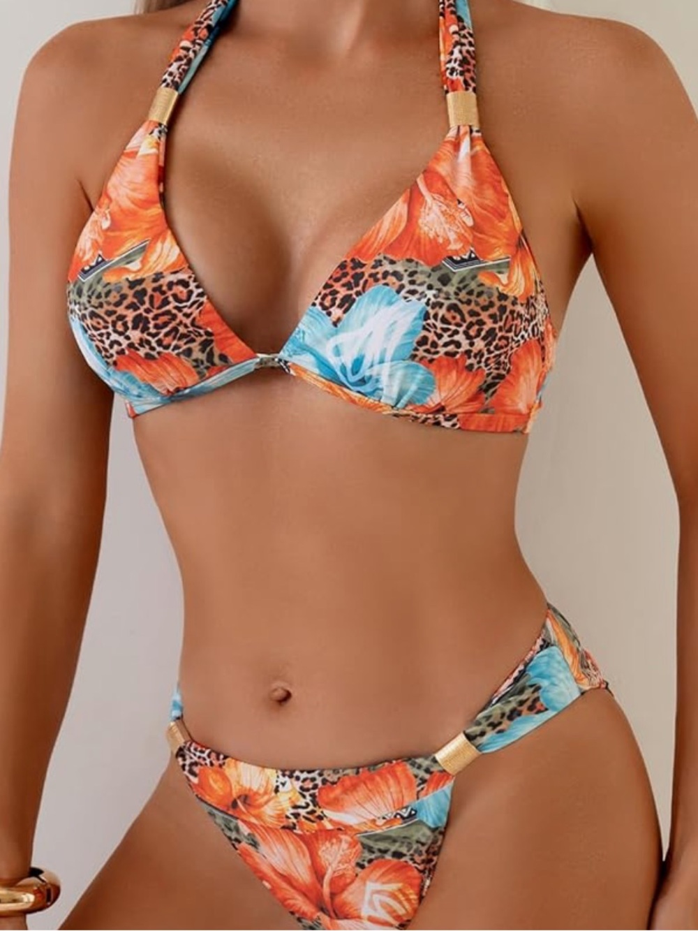 Tropical Floral Halter Bikini Set in Orange & Blue